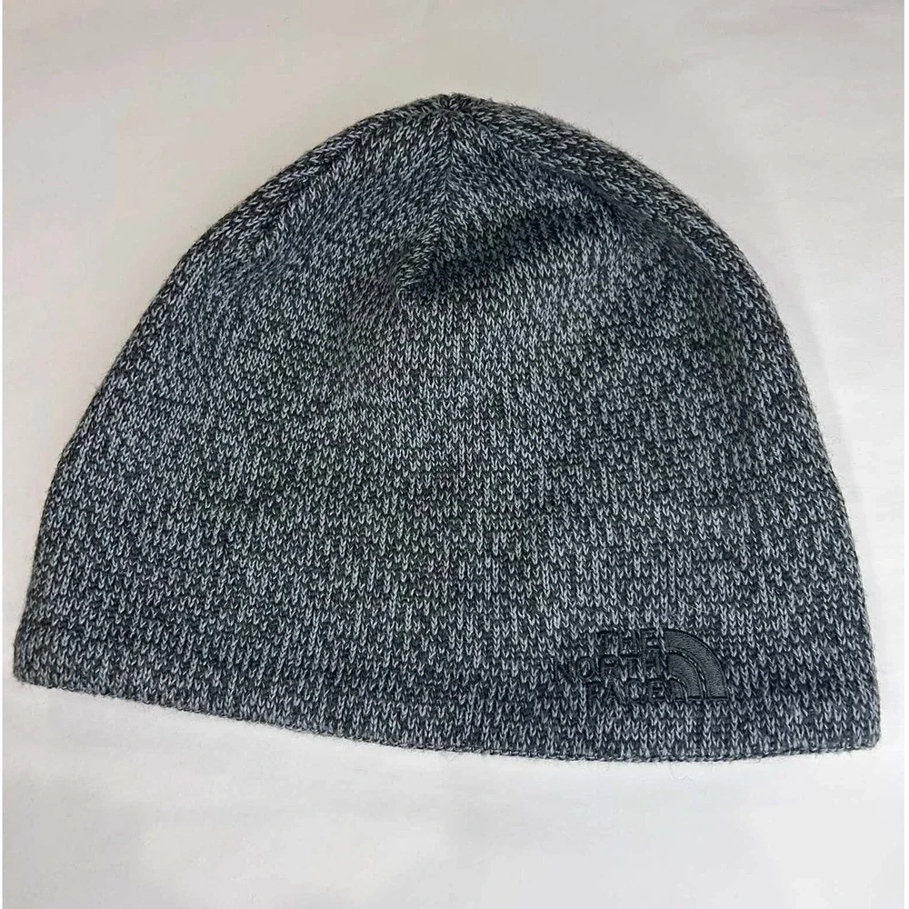 The North Face Bones Beanie Unisex OS Grey Black Excellent Fleece Lined Knit Hat